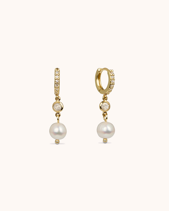 Pearl Drop Hoop Earrings in Gold