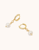 Pearl Drop Hoop Earrings in Gold