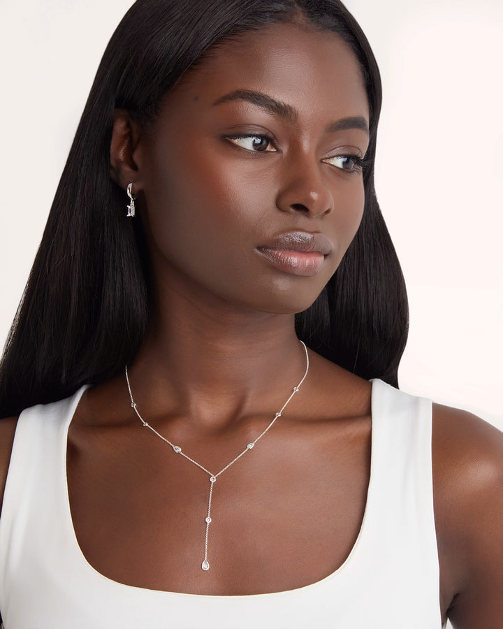 Cubic Zirconia Station Lariat Necklace in Silver