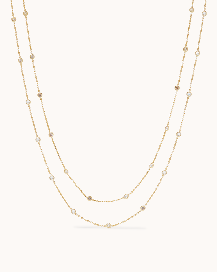 Cubic Zirconia Double Chain Station Necklace in Gold