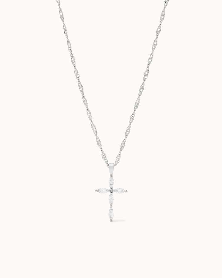 Cubic Zirconia Cross Pendant Twisted Chain Necklace in Silver