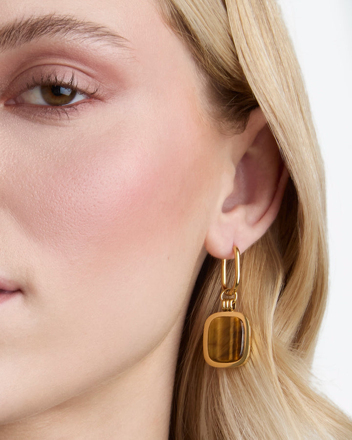 Waterproof Tiger's Eye Drop Hoop Earrings in Gold