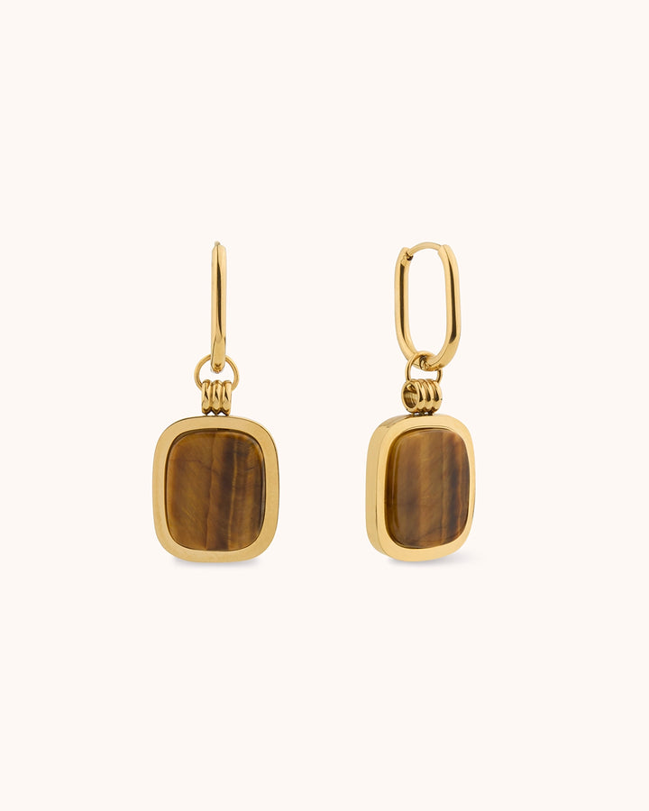 Waterproof Tiger's Eye Drop Hoop Earrings in Gold