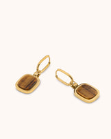Waterproof Tiger's Eye Drop Hoop Earrings in Gold