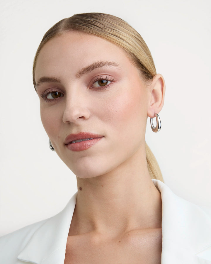 Long Oval Seamless Huggie Hoop Earrings in Silver