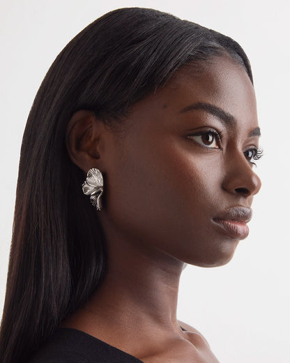 Waterproof Textured Half-Flower Earrings in Silver