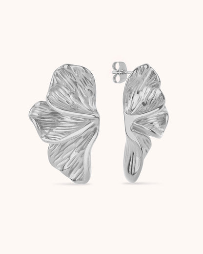 Waterproof Textured Half-Flower Earrings in Silver