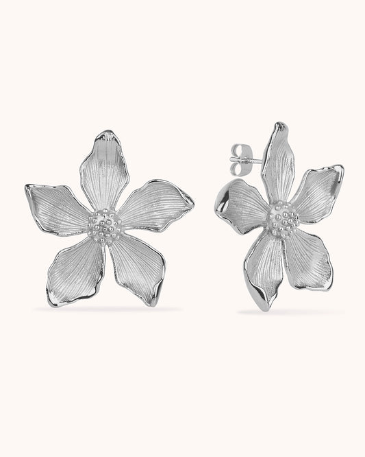 Waterproof Textured Flower Statement Earrings in Silver