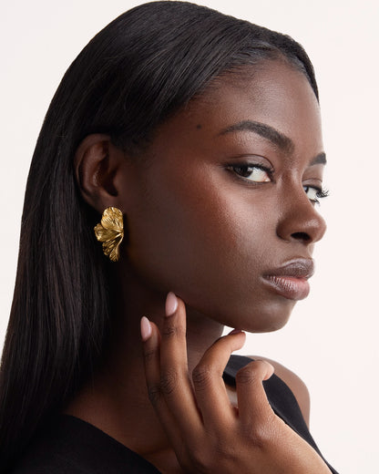 Waterproof Textured Half-Flower Earrings in Gold