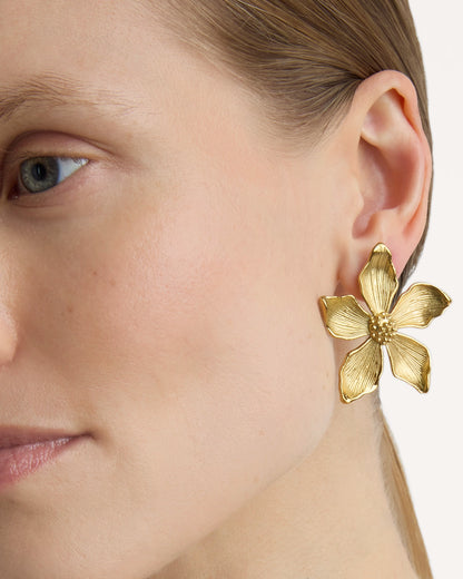 Waterproof Textured Flower Statement Earrings in Gold