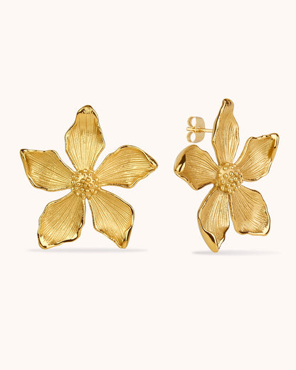 Waterproof Textured Flower Statement Earrings in Gold