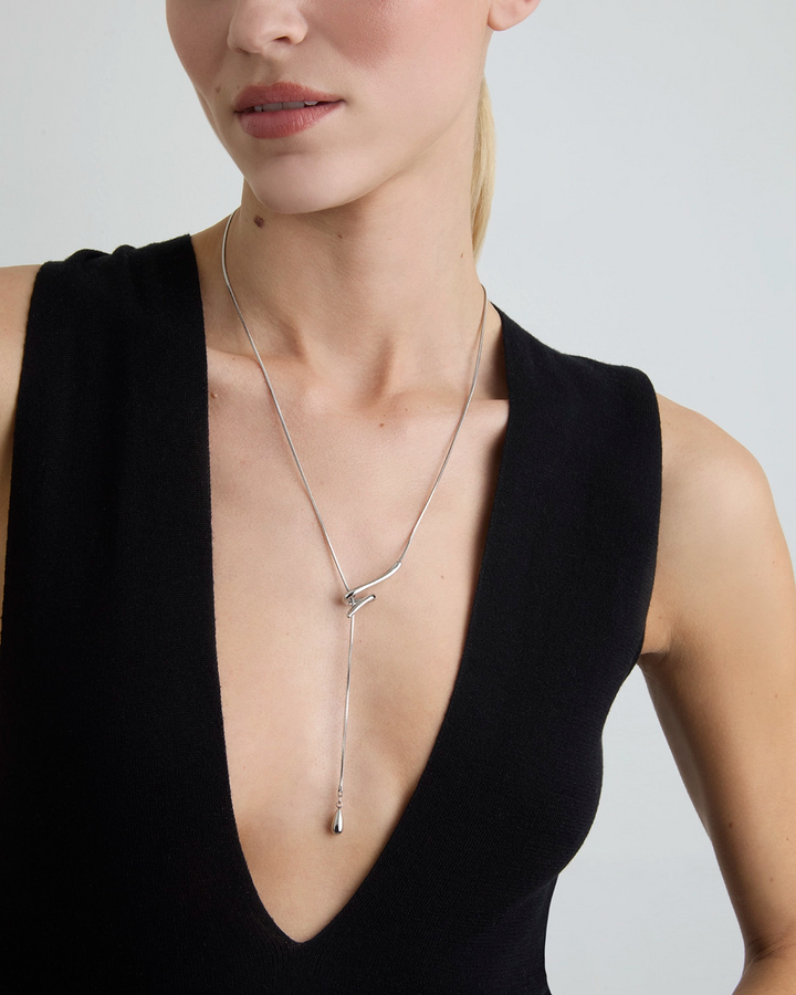 Waterproof Long Swirl Drop Lariat Necklace in Silver