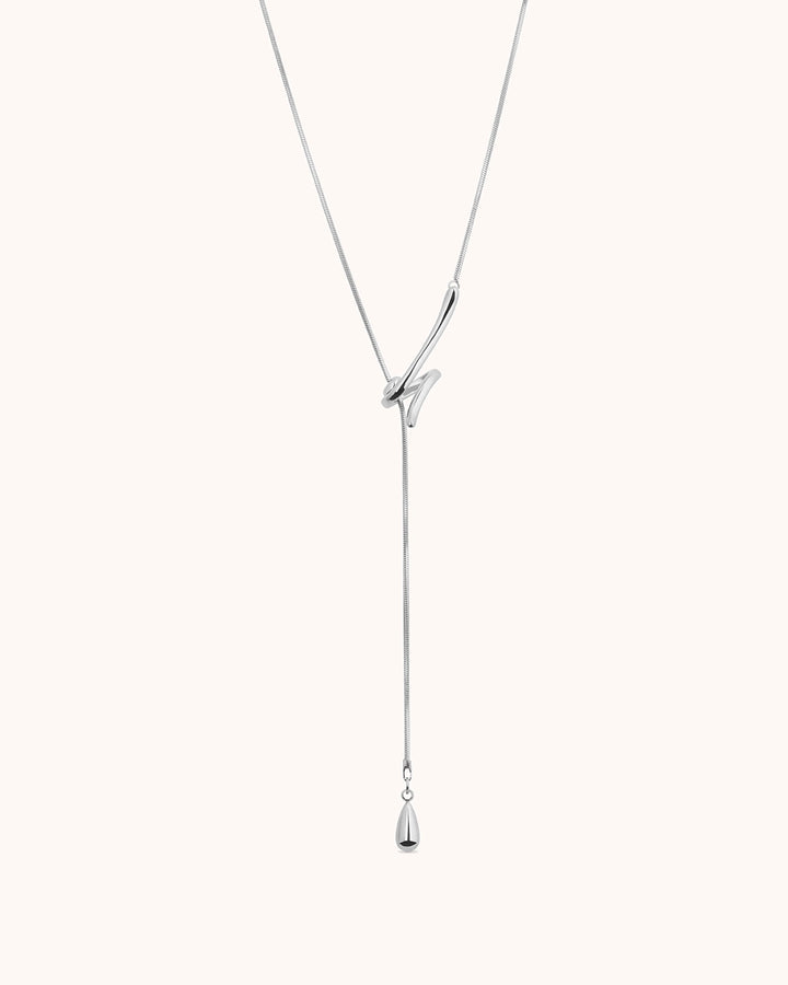 Waterproof Long Swirl Drop Lariat Necklace in Silver