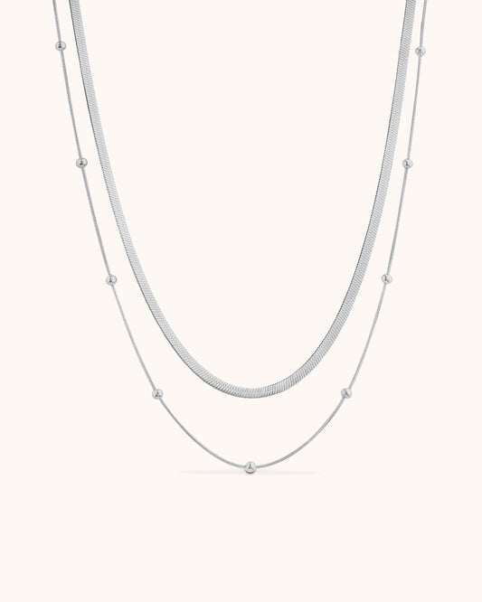 Waterproof Double Layered Station Necklace in Silver