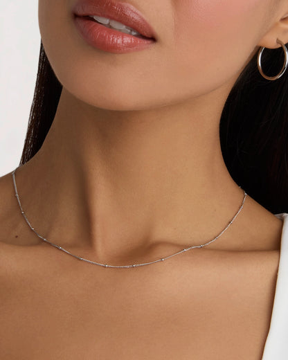 Thin Beaded Chain Necklace in Silver