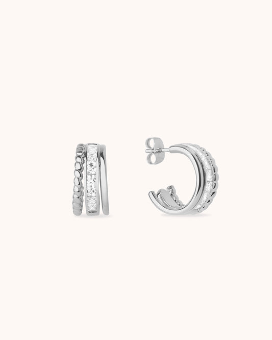 Triple Row Cubic Zirconia Stud Hoops in Silver