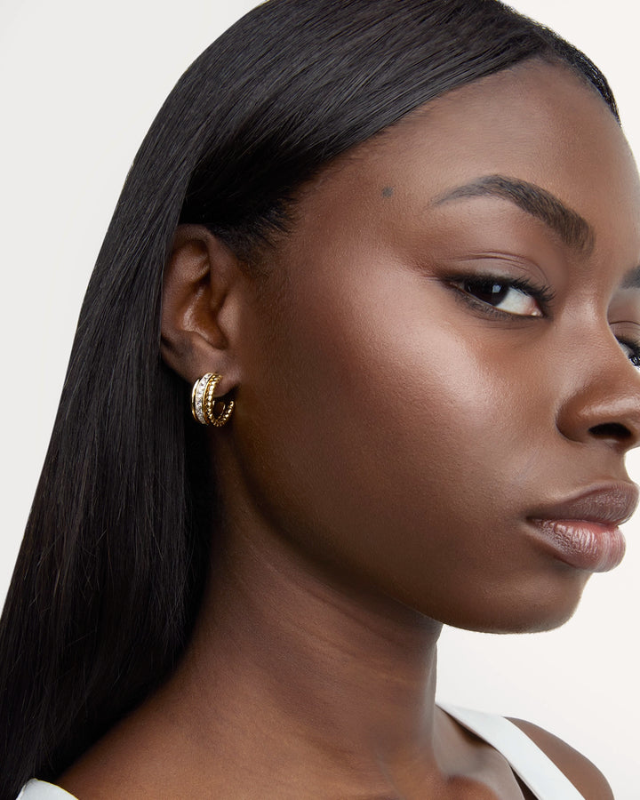 Triple Row Cubic Zirconia Stud Hoops in Gold