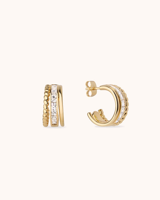 Triple Row Cubic Zirconia Stud Hoops in Gold