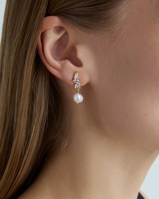 Cubic Zirconia and Pearl Drop Earrings in Gold