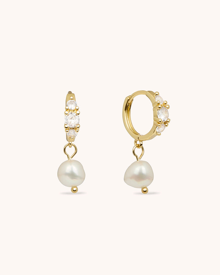 Cubic Zirconia Pearl Drop Hoops in Gold