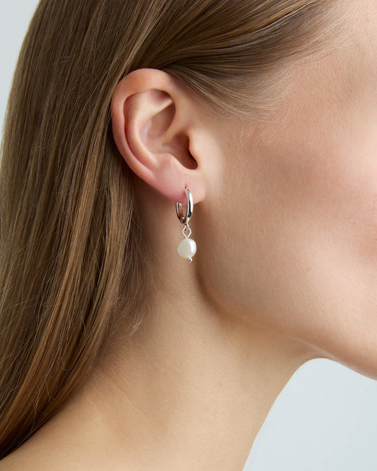 Round Pearl Drop Hoops in Silver