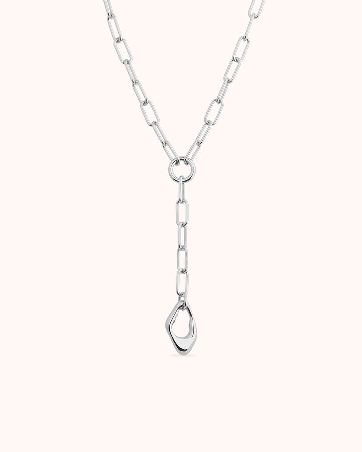 Chunky Chain Molten Pendant Lariat Necklace in Silver