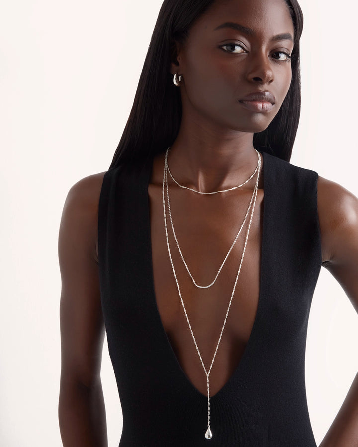 Triple Layered Ball Detail Lariat Necklace in Silver