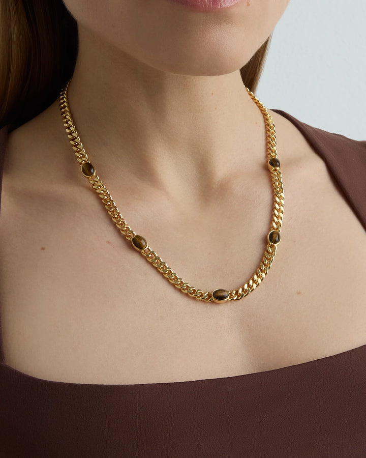Tiger's Eye Station Chain Necklace in Gold
