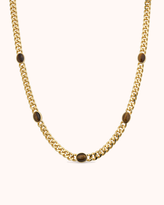 Tiger's Eye Station Chain Necklace in Gold