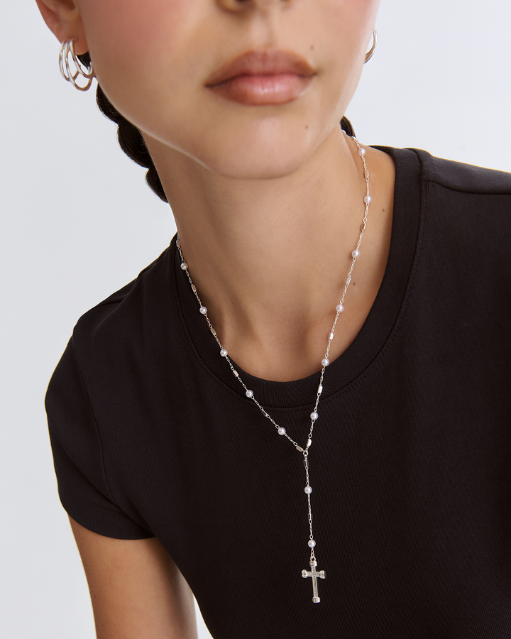 Drop Freshwater Pearl Cross Lariat Necklace in Silver
