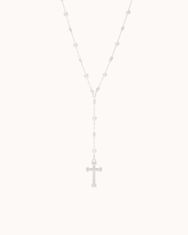Drop Freshwater Pearl Cross Lariat Necklace in Silver