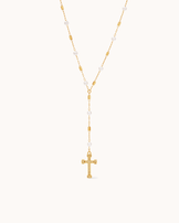 Drop Freshwater Pearl Cross Lariat Necklace in Gold
