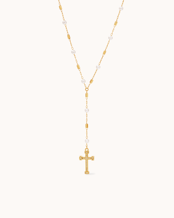 Drop Freshwater Pearl Cross Lariat Necklace in Gold