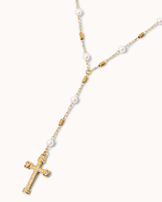 Drop Freshwater Pearl Cross Lariat Necklace in Gold