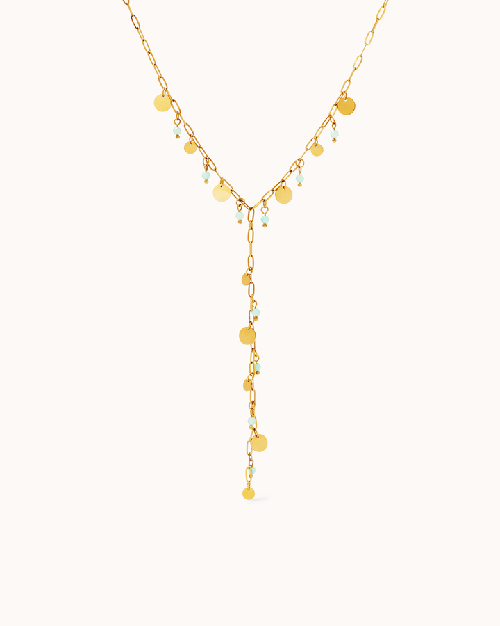 Waterproof Blue Beaded Circle Lariat Necklace in Gold
