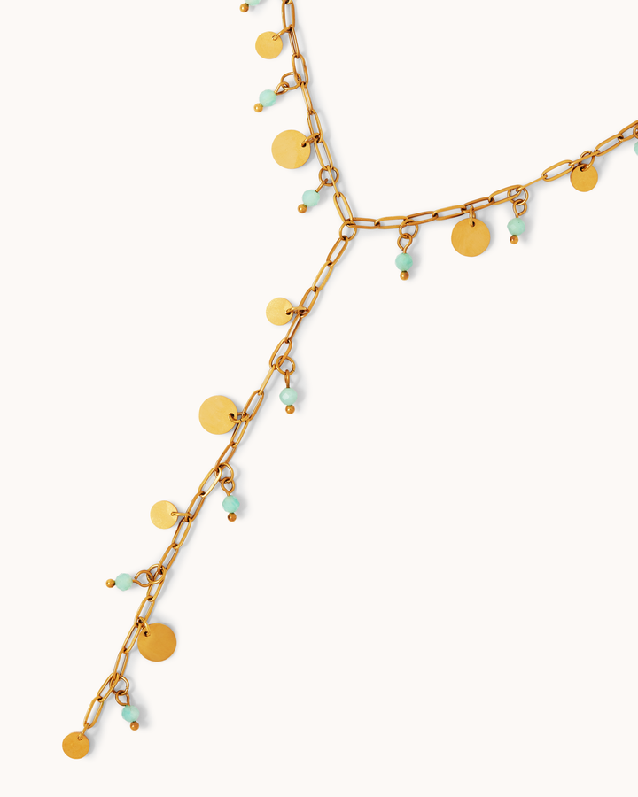 Waterproof Blue Beaded Circle Lariat Necklace in Gold