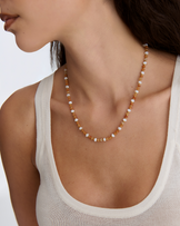 Waterproof Cream Semi-Precious Triple Beaded Necklace in Gold