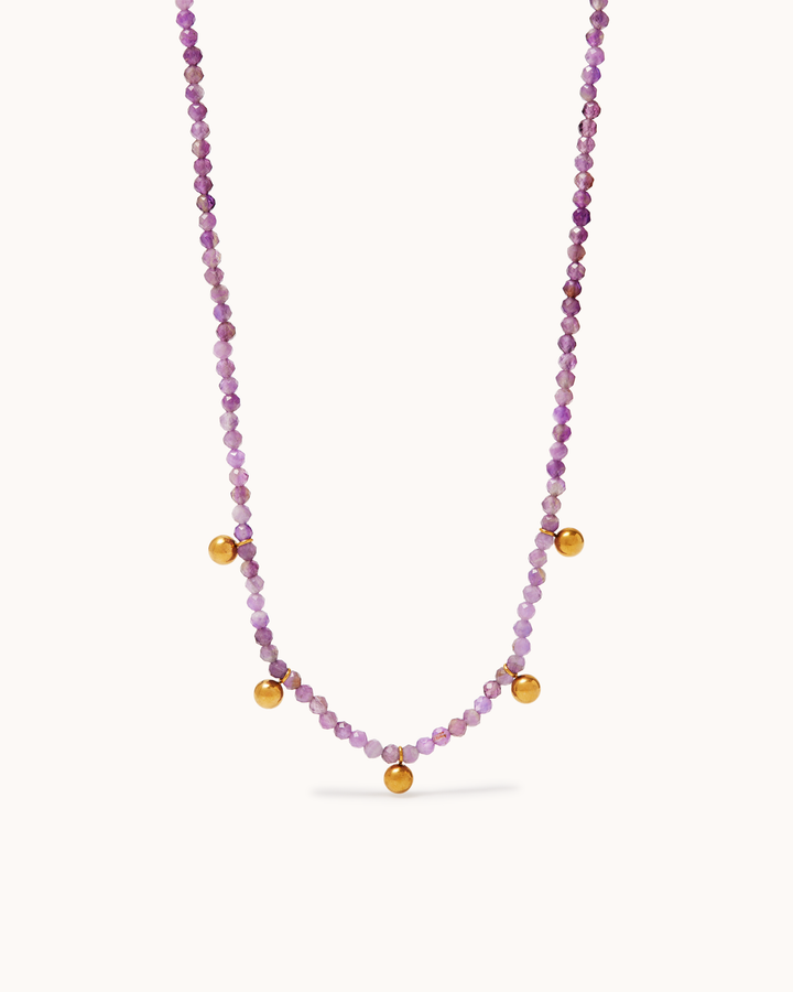 Waterproof Purple Semi-Precious Small Beaded Drop Necklace in Gold