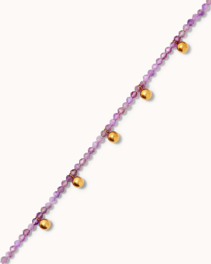 Waterproof Purple Semi-Precious Small Beaded Drop Necklace in Gold