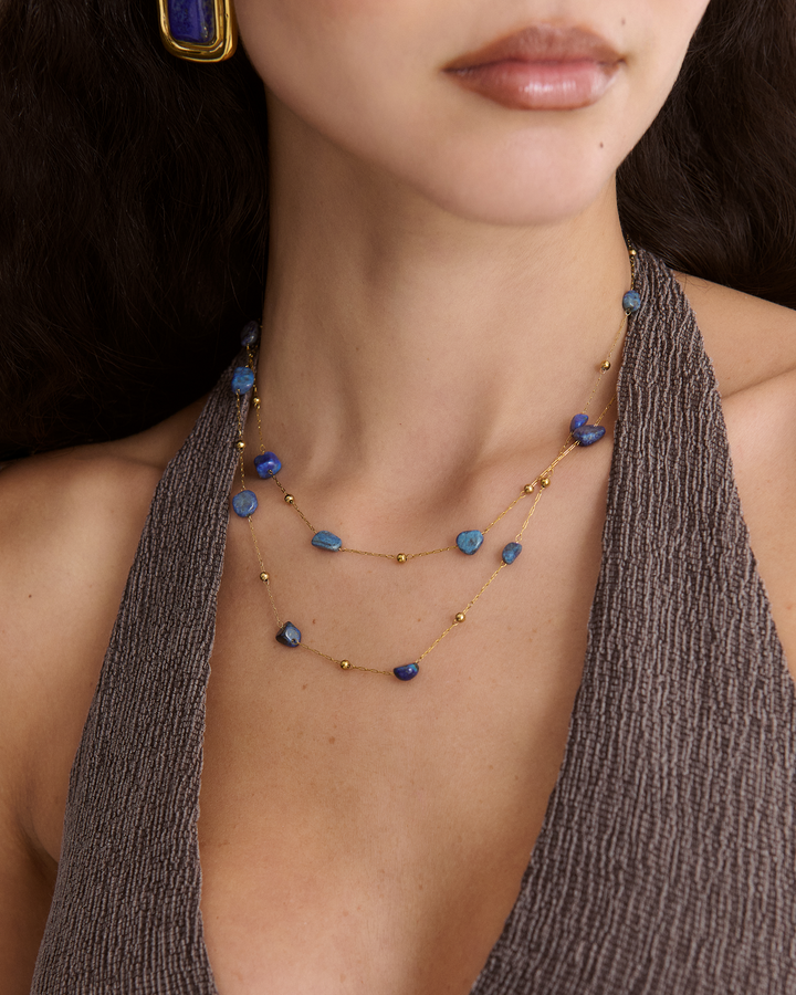 Waterproof Blue Semi-Precious Double Chain Necklace in Gold