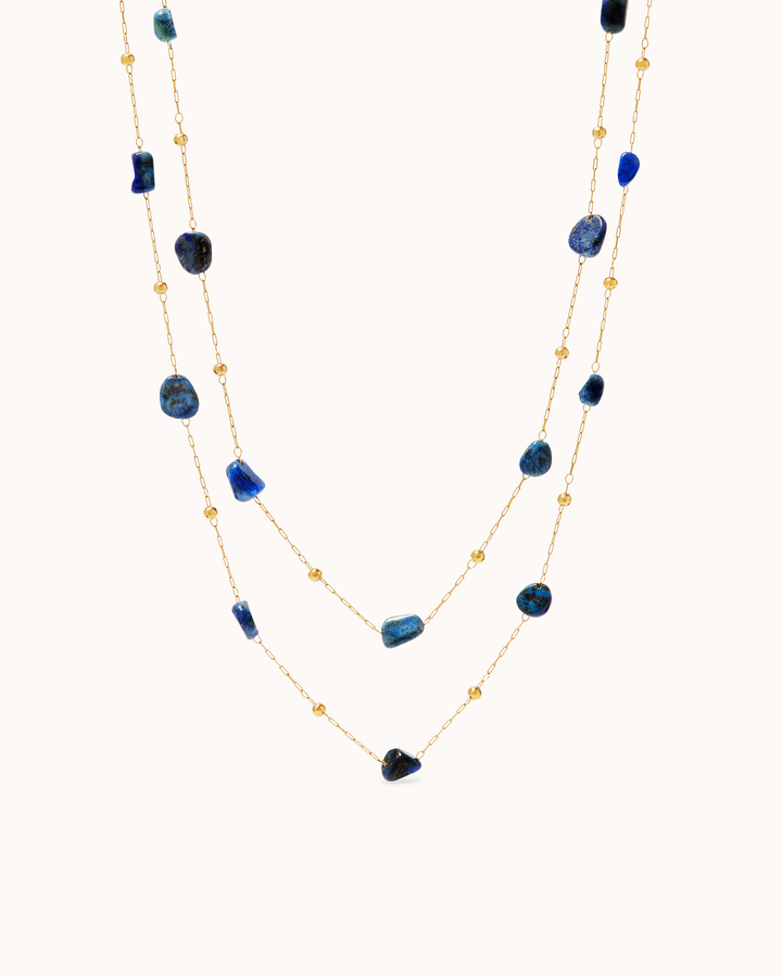 Waterproof Blue Semi-Precious Double Chain Necklace in Gold