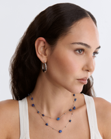 Waterproof Blue Semi-Precious Double Chain Necklace in Silver