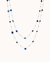 Waterproof Blue Semi-Precious Double Chain Necklace in Silver