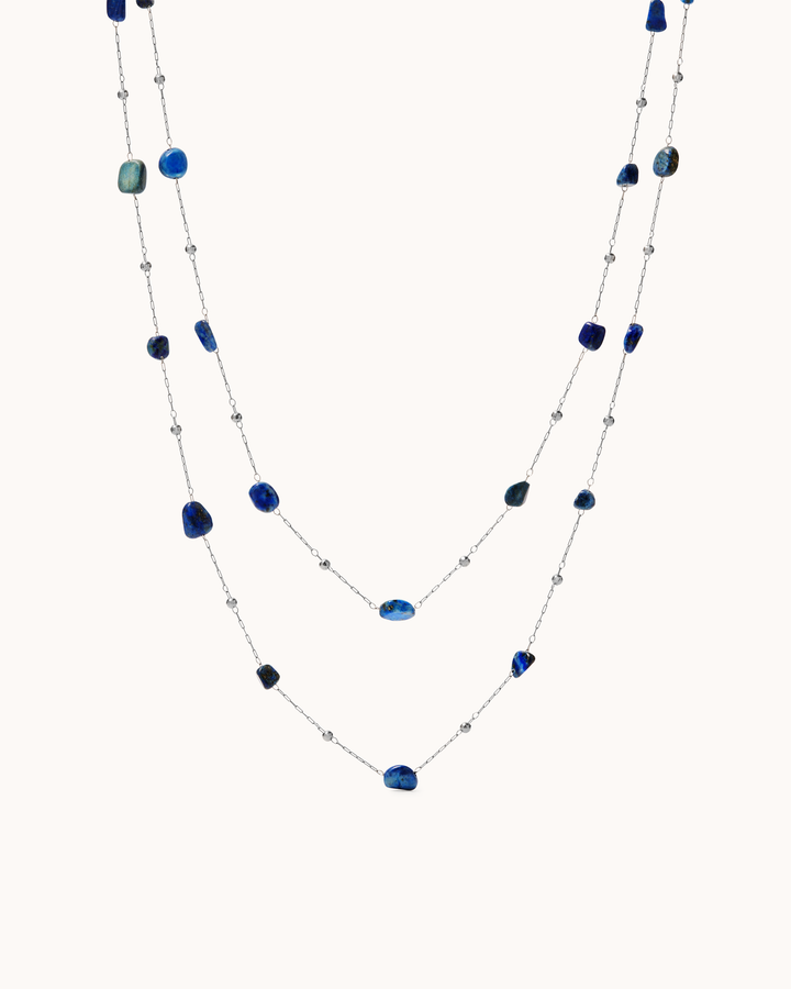 Waterproof Blue Semi-Precious Double Chain Necklace in Silver