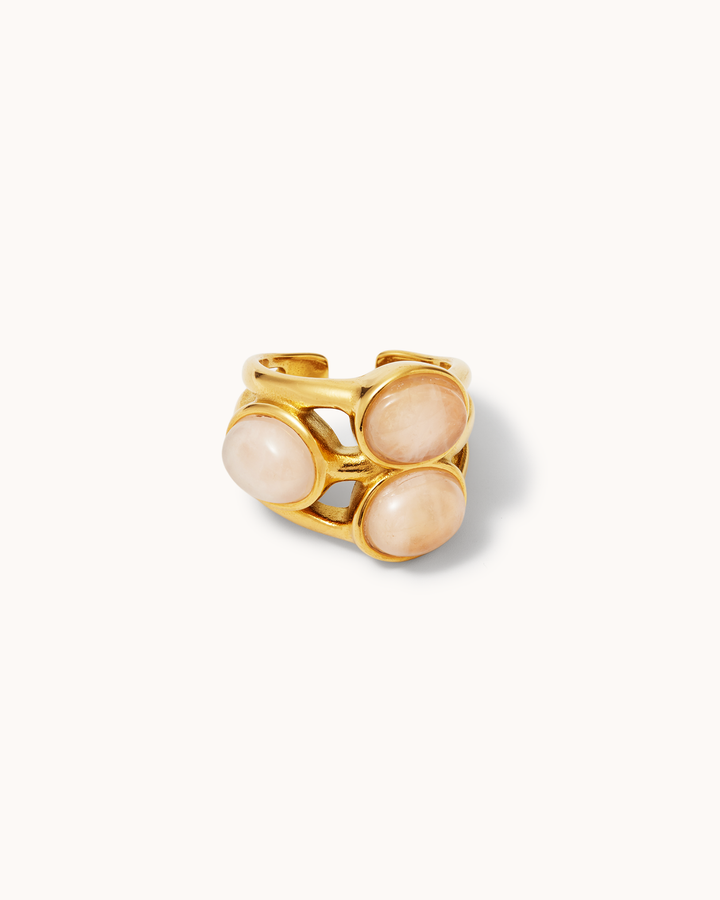 Waterproof Light Pink Triple Pebble Semi-Precious Ring in Gold