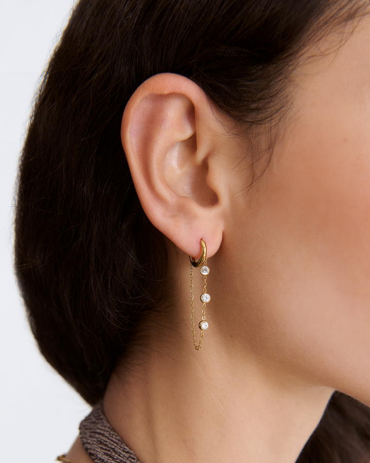 Waterproof Triple Cubic Zirconia Chain Huggie Earrings in Gold