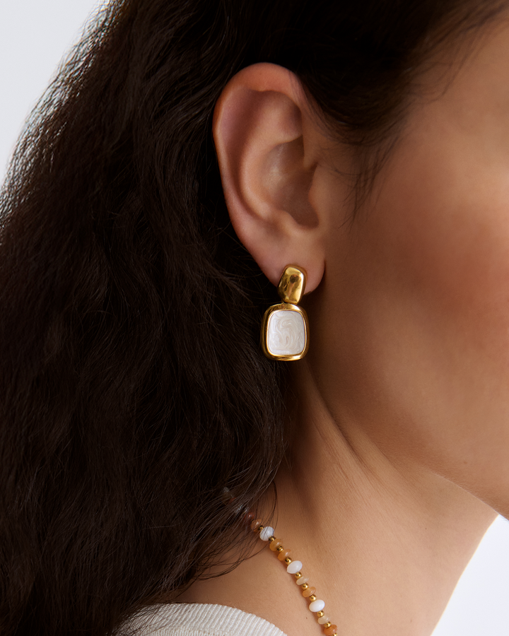 Waterproof White Resin Square Drop Earrings in Gold