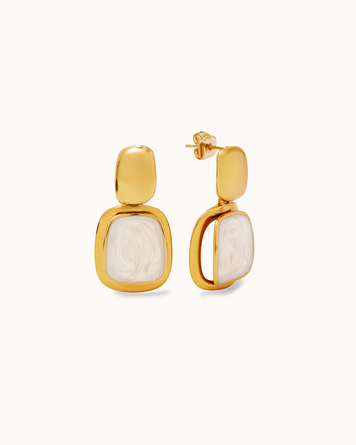 Waterproof White Resin Square Drop Earrings in Gold