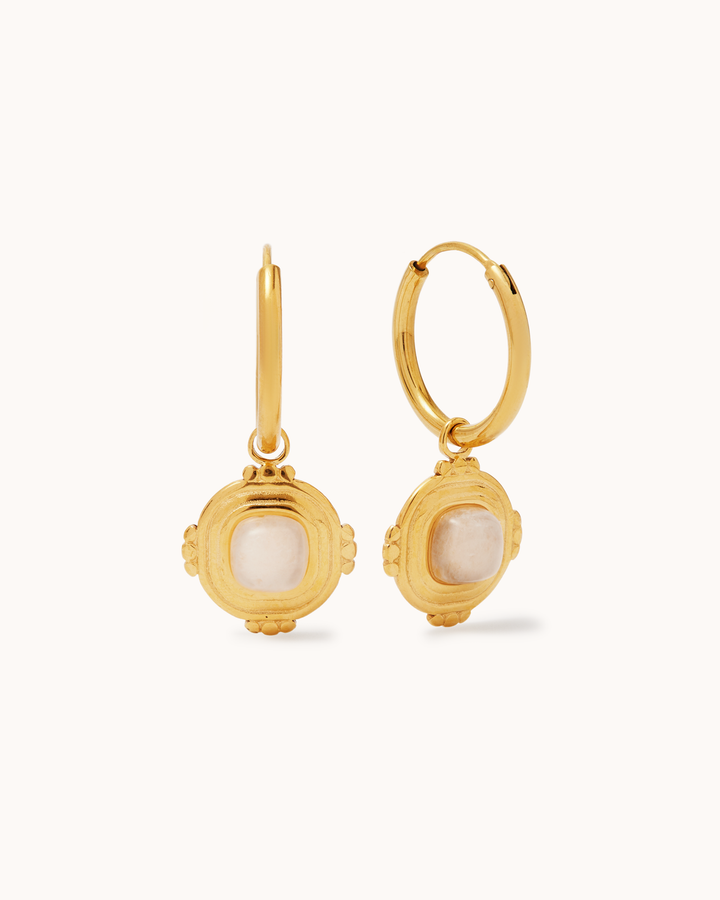 White Semi-Precious Round & Square Hoop Earrings in Gold