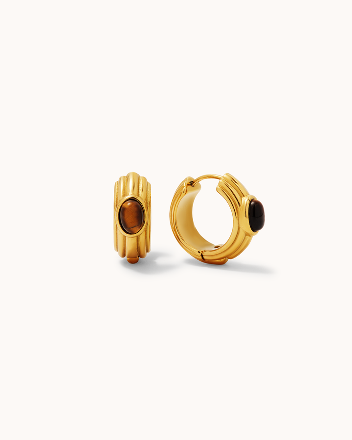 Waterproof Brown Semi-Precious Medium Oval Hoop Earrings in Gold